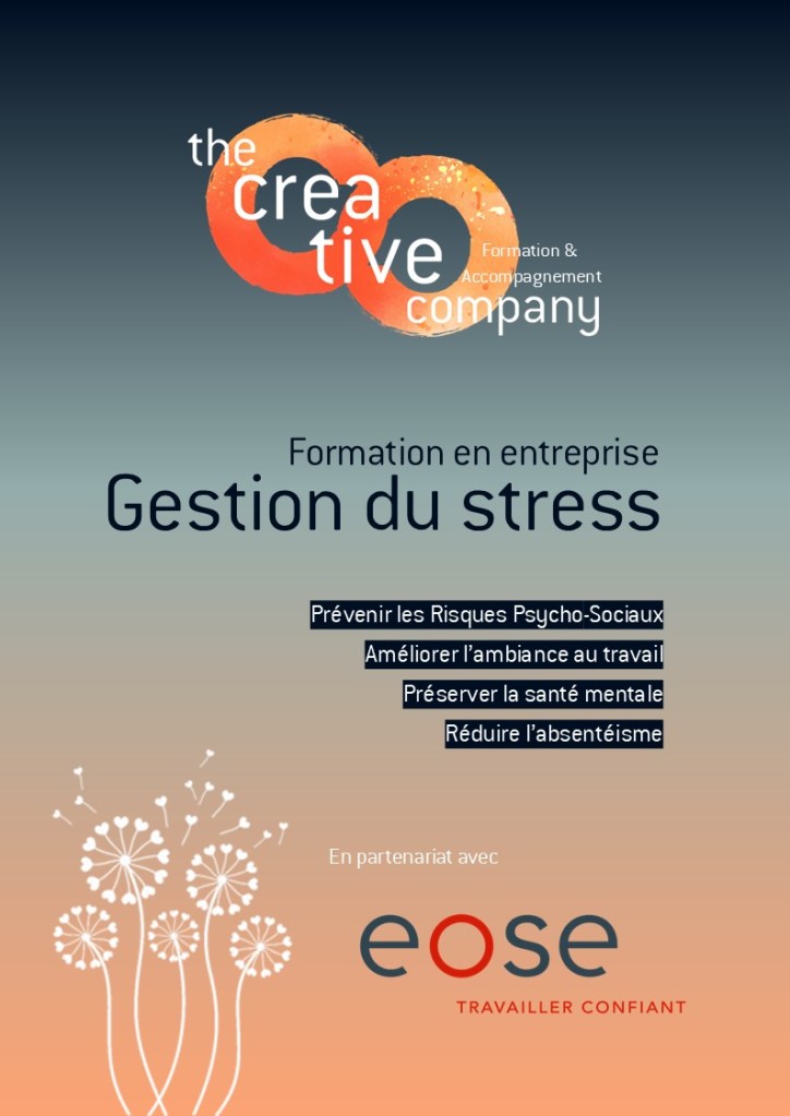 Affiche promotionnelle pour une formation en entreprise sur la gestion du stress, incluant des partenariats avec EOSE et des services associés tels que l'amélioration des conditions de travail.